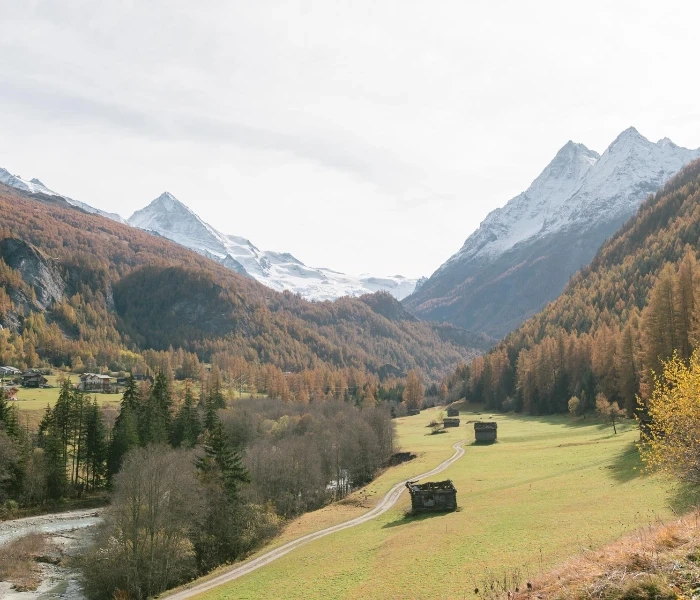 Vallée alpine entourée de montagnes enneigées et de forêts aux couleurs d'automne